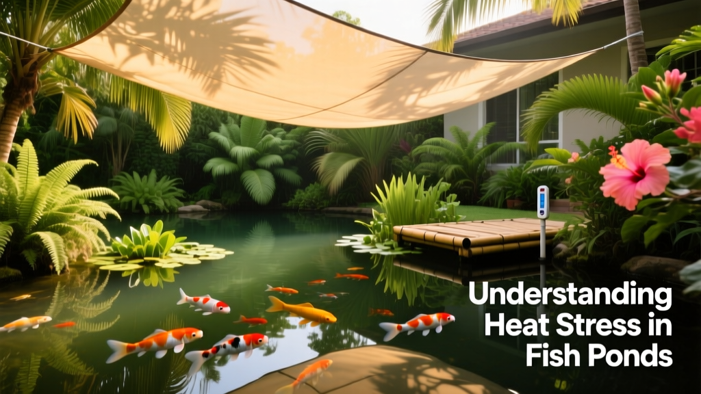 Shade cloth installed over a residential fish pond with lush surrounding greenery