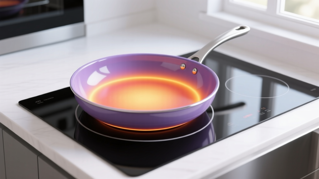 Thermal imaging view of a ceramic non-stick skillet heating on an induction cooktop, showing even heat distribution across the cooking surface.