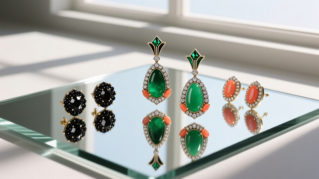 Flat lay of Art Deco stud and drop earrings with marcasite, jade, and coral inlay, arranged neatly on a mirrored glass surface
