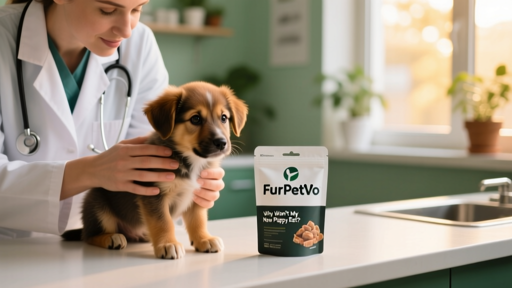 Veterinarian gently examining a small puppy during a wellness check, with a FurPetVo branded food sample visible on the counter