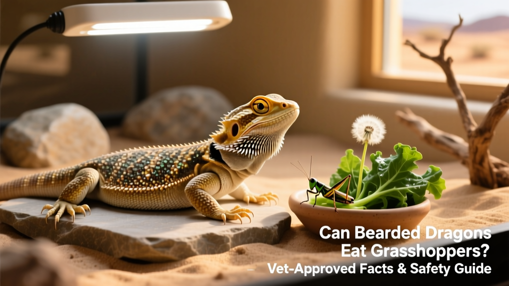 A healthy adult bearded dragon basking under a UVB lamp beside a small dish of fresh greens and a few grasshoppers