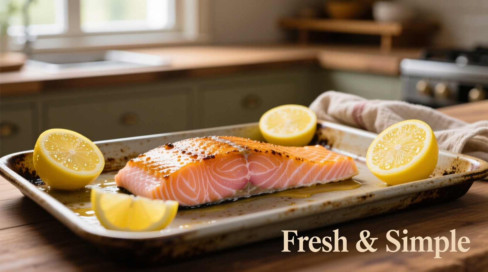 Perfectly cooked salmon fillet on baking sheet with lemon wedges