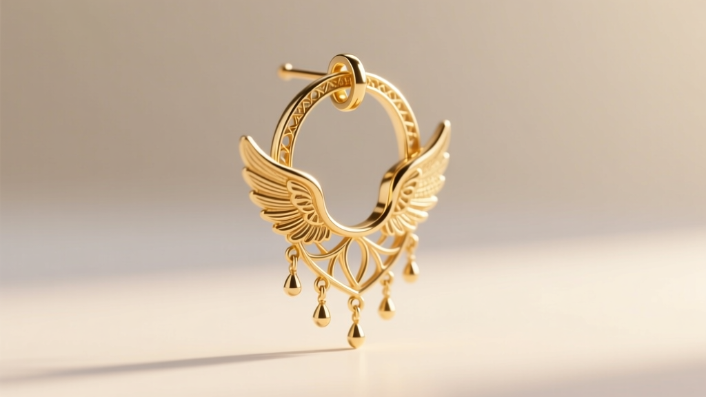 Side profile of an 18k gold angel halo drop earring in soft light, showing the warm yellow hue and delicate structural integrity.