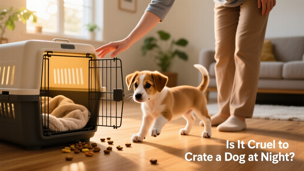 A person gently guiding a curious puppy toward an open crate filled with treats and a soft blanket, illustrating positive early crate introduction