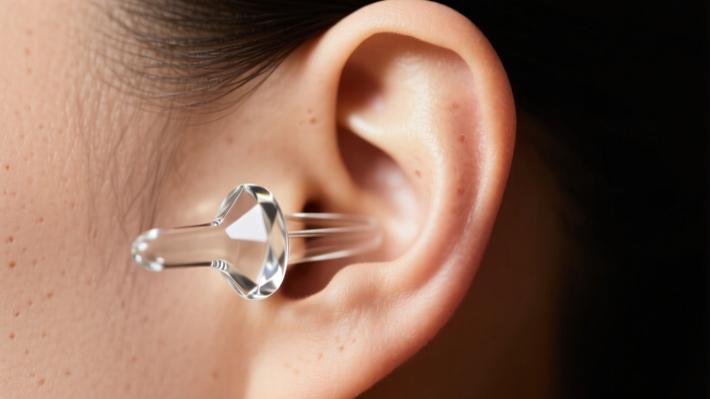 Close-up of a healthy stretched earlobe wearing a polished borosilicate glass plug, soft natural lighting highlighting skin texture.