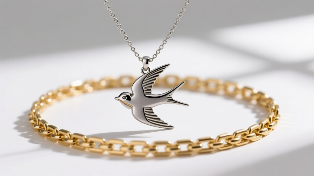 Layered necklace setup with a matte titanium swallow pendant on a 1.5mm wheat chain, contrasting against a simple gold box chain.