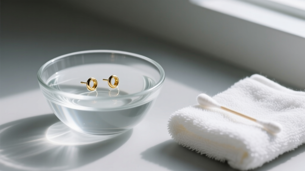 Glass bowl filled with sterile saline, soaking two gold metal stud earrings beside a cotton swab and a neatly folded white towel.