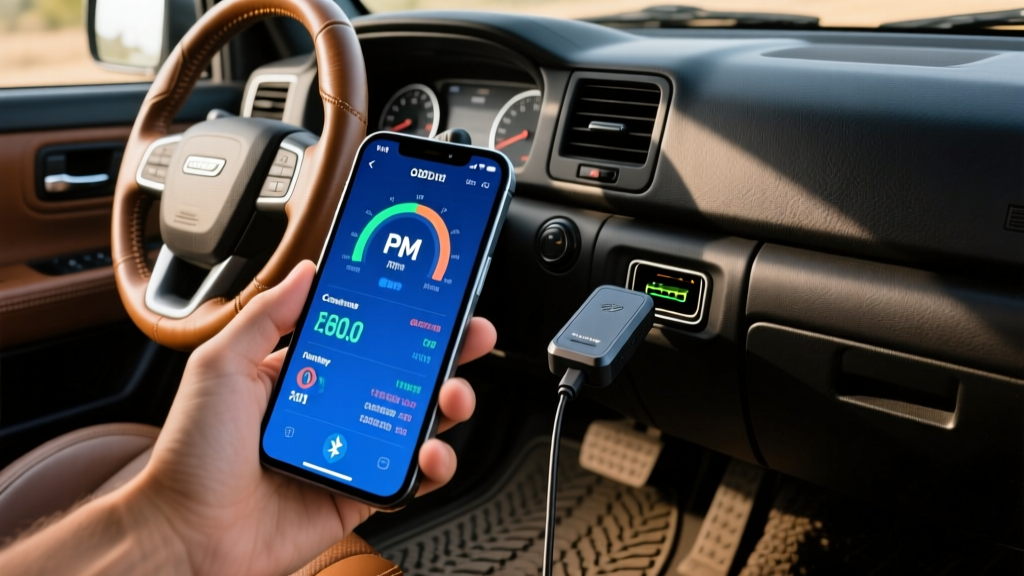 Close-up of a smartphone displaying real-time OBD2 engine diagnostics via a Bluetooth scanner plugged into a rugged SUV.