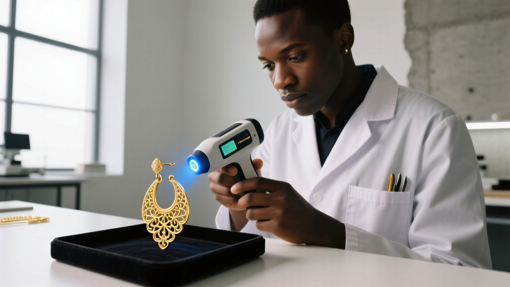 Jeweler using an XRF spectrometer gun to test the karat purity of an unmarked vintage East African gold filigree earring