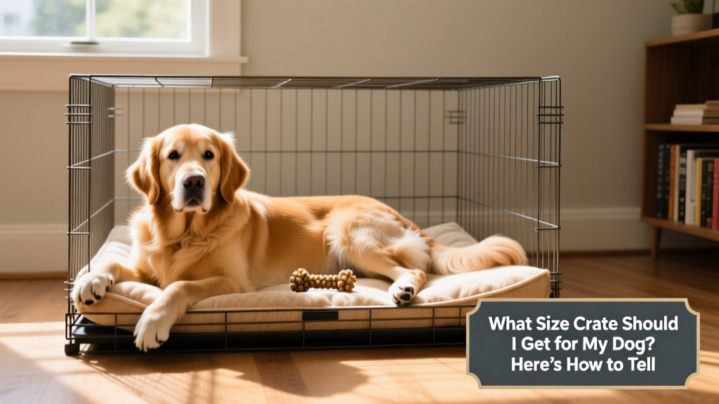 A relaxed dog lying comfortably inside a properly sized wire crate with a soft bed and chew toy
