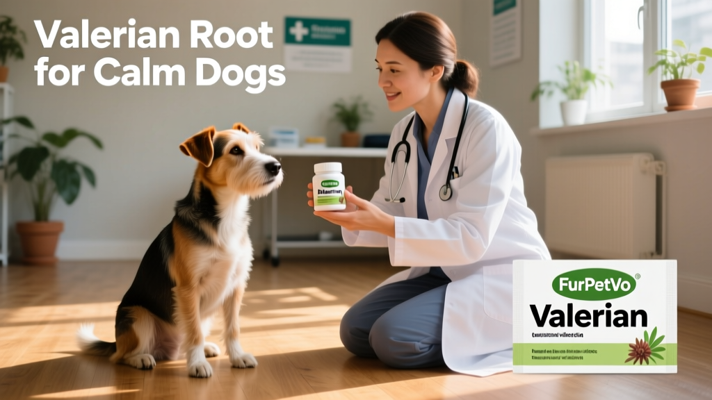 Veterinarian consulting with a client and their calm terrier mix, reviewing a FurPetVo valerian supplement label together