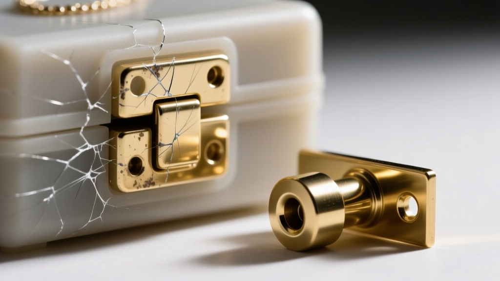 Macro shot of a scratched ABS plastic jewelry box hinge next to a pristine solid brass hinge, highlighting material wear and tear.