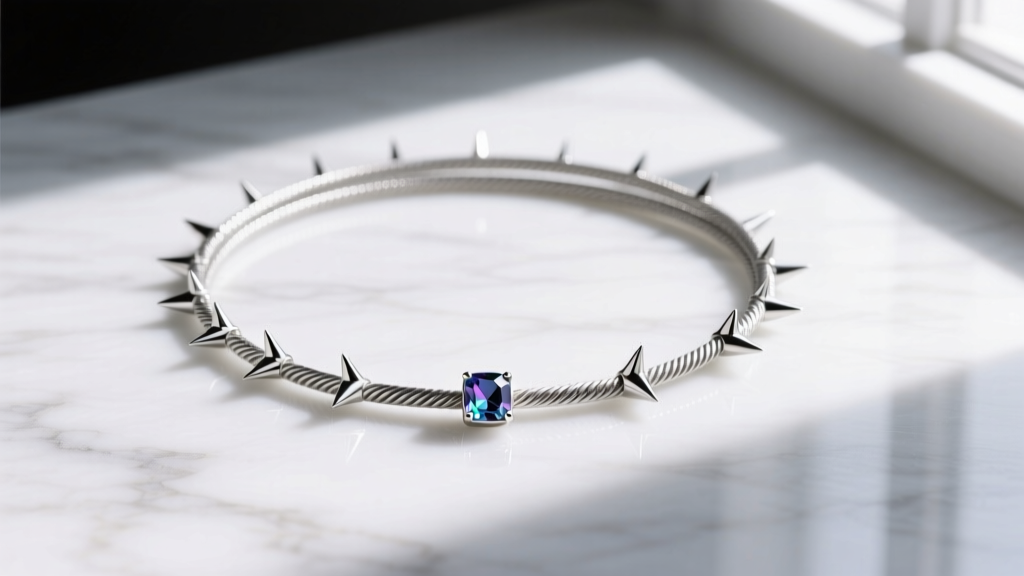 Flat lay on marble of a 1.2mm cable chain layered with a mid-length sterling silver spiked necklace and a small gemstone pendant.