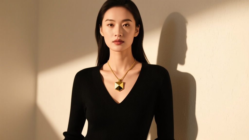 Woman wearing a layered square gold pendant necklace over a black V-neck sweater, showcasing geometric contrast in warm lighting
