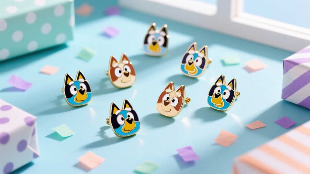 Vibrant flat lay of colorful Bluey character enamel stud earrings on a pastel blue background with playful confetti and gift wrapping