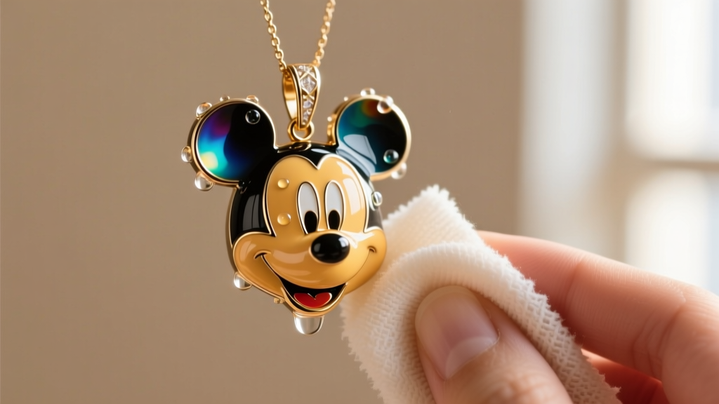 A pristine, brightly colored enamel Mickey Mouse head pendant being gently wiped with a microfiber cloth and mild soapy water.
