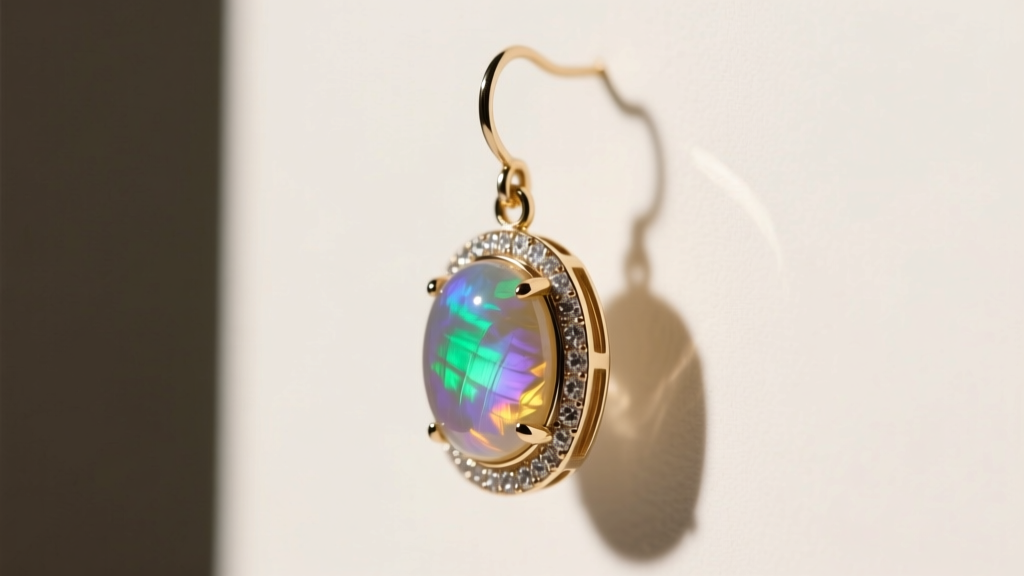 Side profile view of a bezel-set rainbow moonstone dangle earring highlighting the flat cleavage plane and smooth cabochon dome