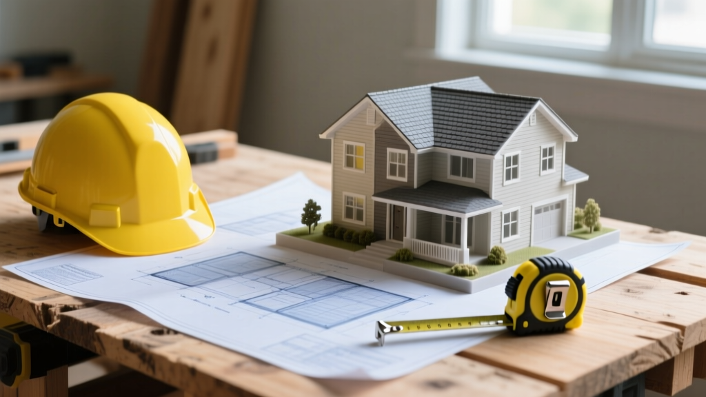 Blueprints on a plywood workbench beside a yellow hard hat, tape measure, and a 3D-printed scale model of a two-story suburban house