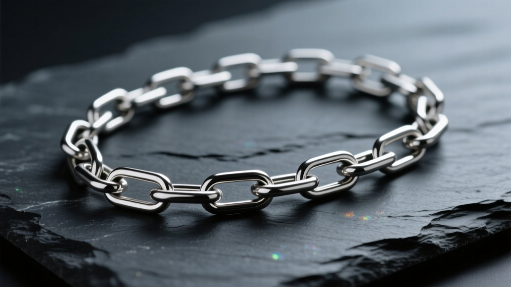 Heavy sterling silver paper clip chain on dark slate, showing dark oxidation in link crevices under soft, moody studio lighting.