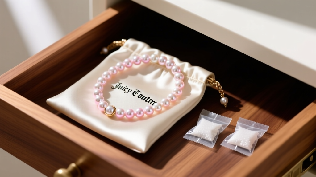 Juicy Couture pearl necklace stored flat in an anti-tarnish cloth pouch, resting beside silica gel packets inside a wooden drawer.