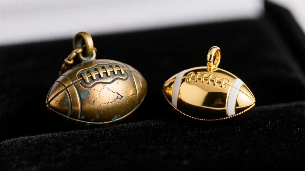 Macro shot of a tarnished brass football charm next to a 14k gold version on dark velvet, sharp focus and bright studio lighting.