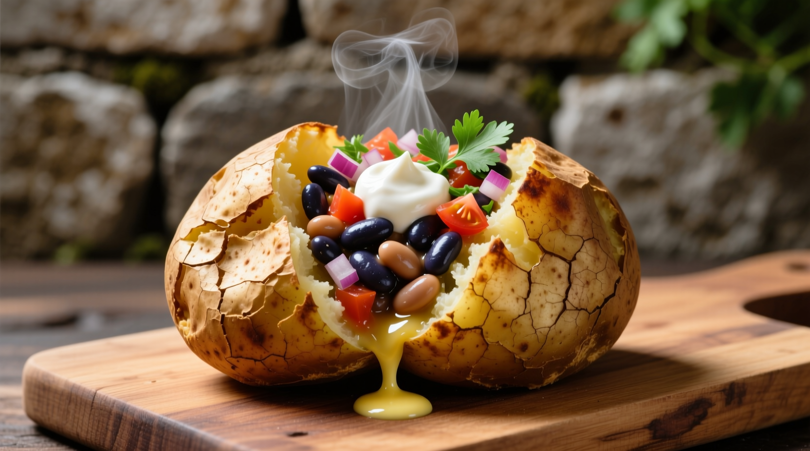 Perfectly baked jacket potato with beans topping