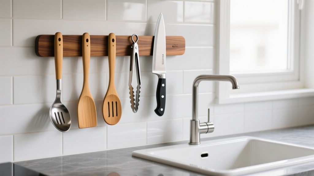 Wall mounted magnetic wooden knife and utensil strip holding bamboo spatulas and stainless steel tools above a kitchen sink