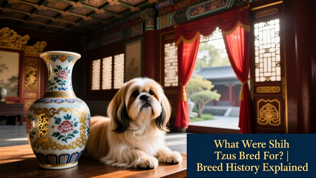 A regal Shih Tzu resting beside ornate Chinese porcelain in a traditional palace setting
