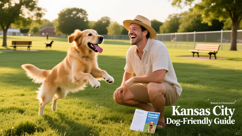 A pet parent and dog enjoying a sunny day at a spacious, fenced dog park in Kansas City.