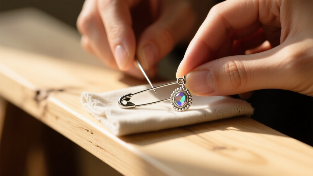 Hands polishing an Argentium silver safety pin earring with a microfiber cloth on a wooden bench under warm, natural sunlight