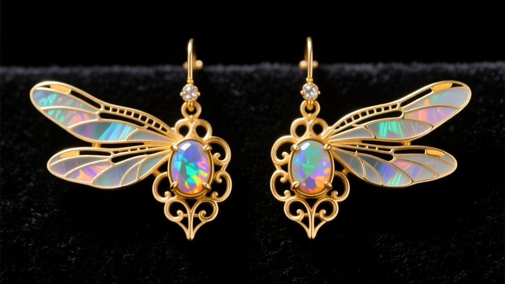 Close-up of antique 18k gold art nouveau earrings with plique-a-jour enamel dragonfly wings and cabochon opals on dark velvet.