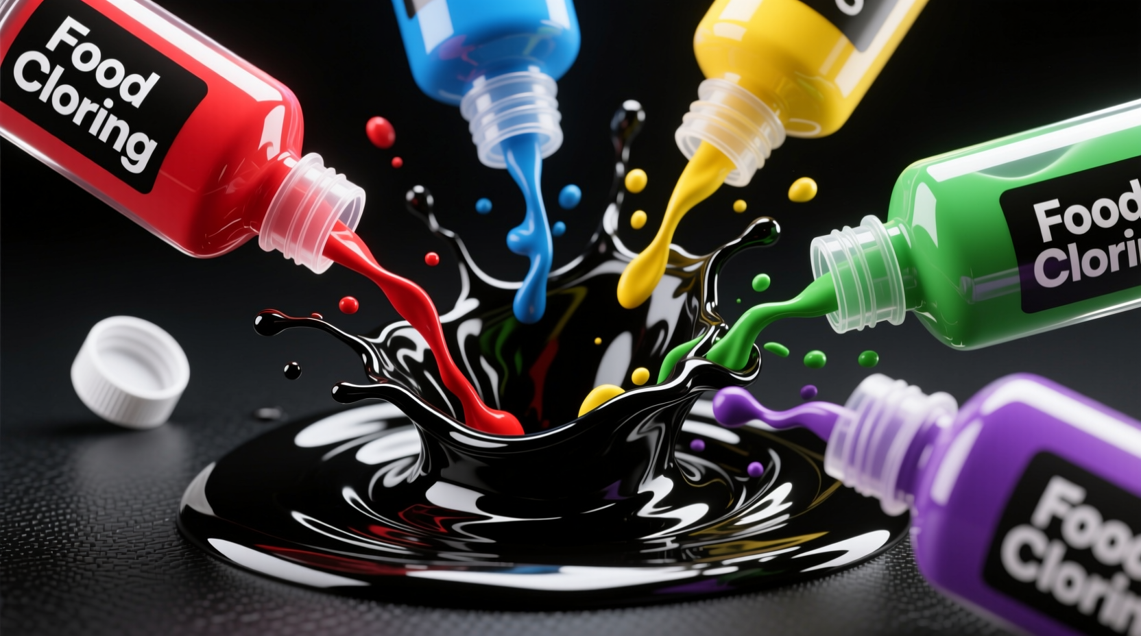 Food coloring bottles mixing to create black