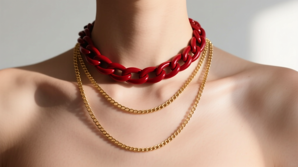 Model layering a thick oxblood red chain necklace with two delicate gold chains, showing spacing against bare collarbone skin.