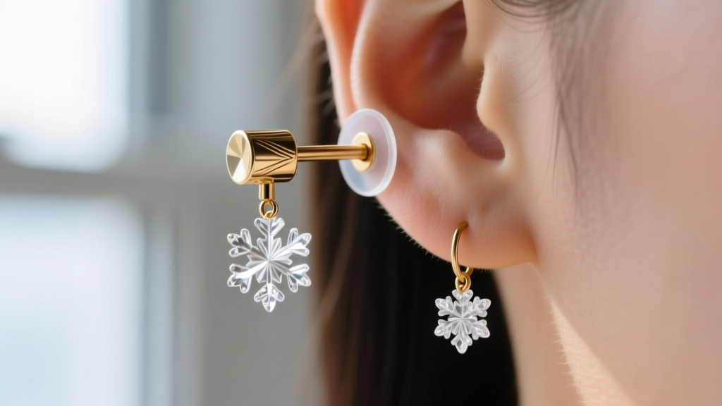 Macro shot of brass earring post with silicone support patch, balancing heavy crystal snowflake drops on a pierced earlobe