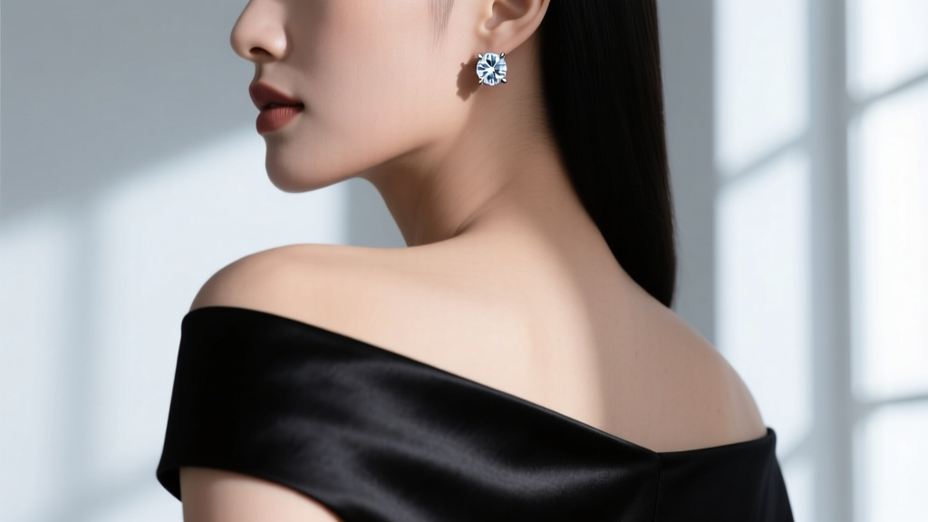 Side view showing a lab-grown diamond stud earring catching light, paired with an off-the-shoulder black silk evening gown.