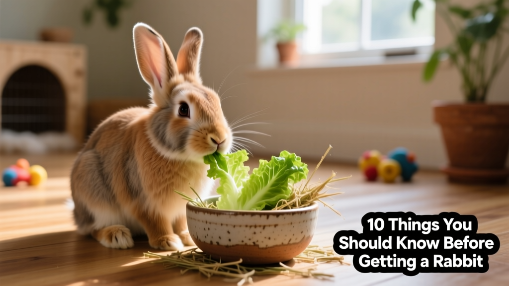 A healthy rabbit eating fresh greens and hay from a ceramic bowl