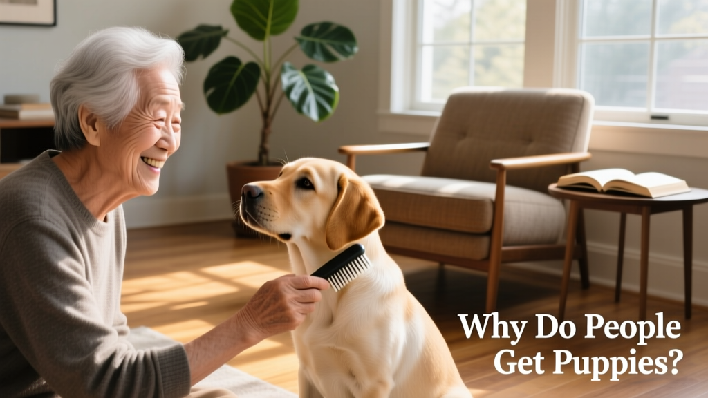 An older adult smiling warmly while gently brushing a calm, seated Labrador puppy in a sunlit living room