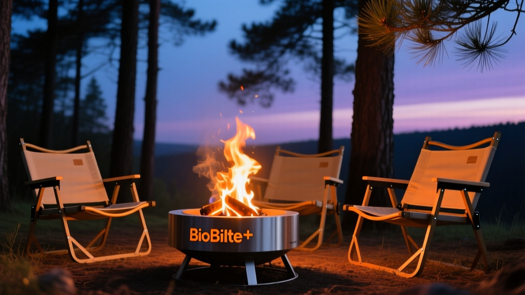 BioLite FirePit+ emitting smokeless orange flames surrounded by canvas camping chairs and pine trees at dusk