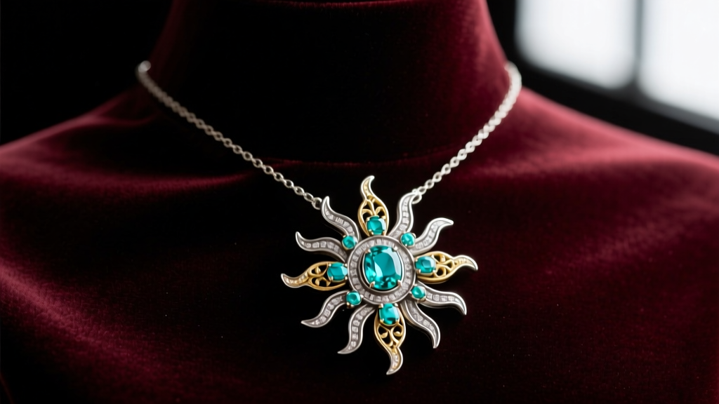 House of Harlow necklaces on velvet featuring an oxidized silver sunburst pendant, turquoise cabochon, and gold enamel