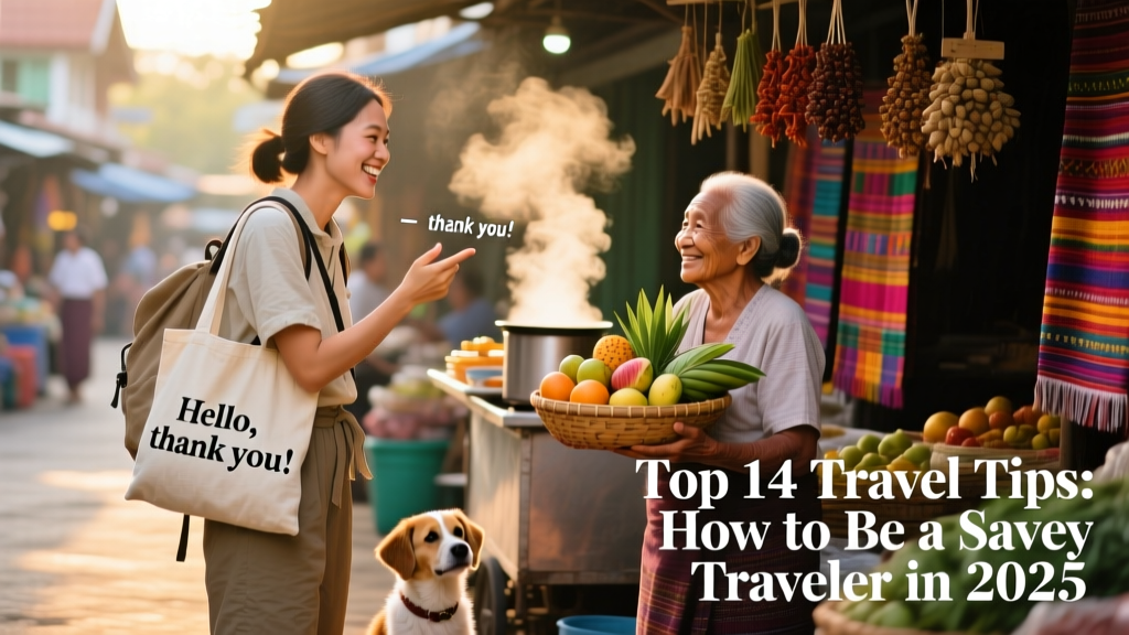 A traveler smiling while practicing a phrase with a friendly local vendor at an outdoor market