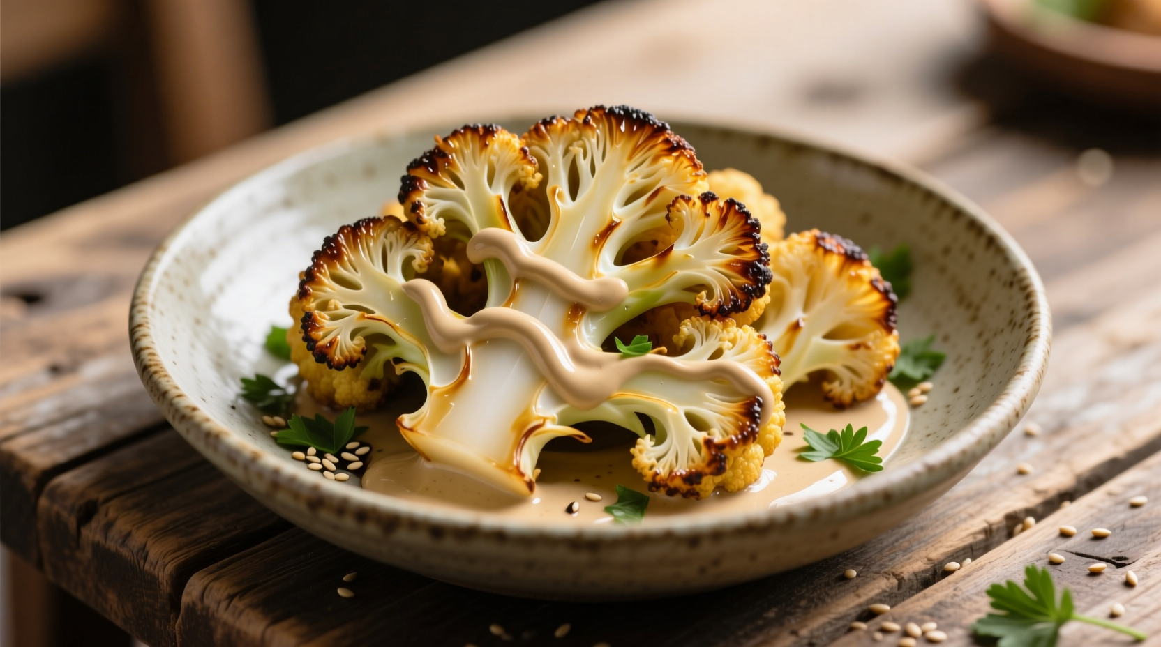 Golden roasted cauliflower florets with tahini drizzle
