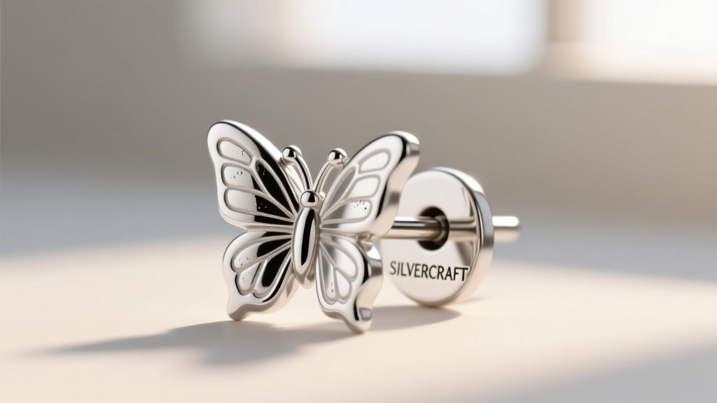 Macro shot of a 20-gauge sterling silver butterfly earring post and friction back, highlighting rhodium plating and brand stamp.