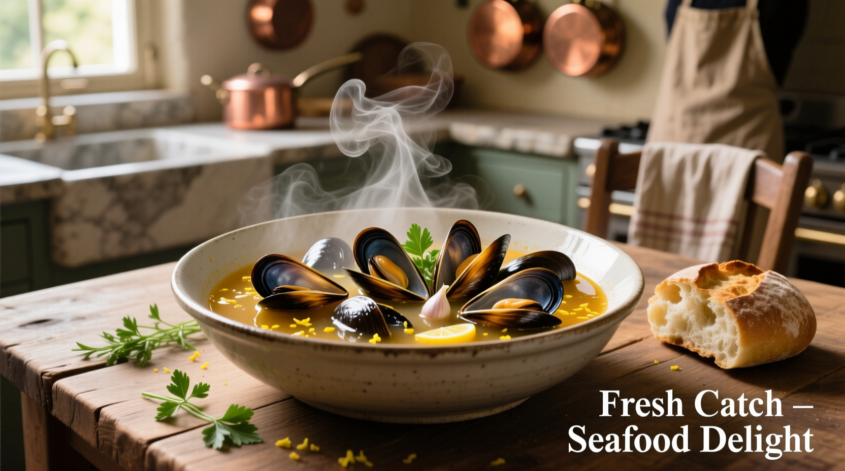 Fresh mussels steaming in white wine broth