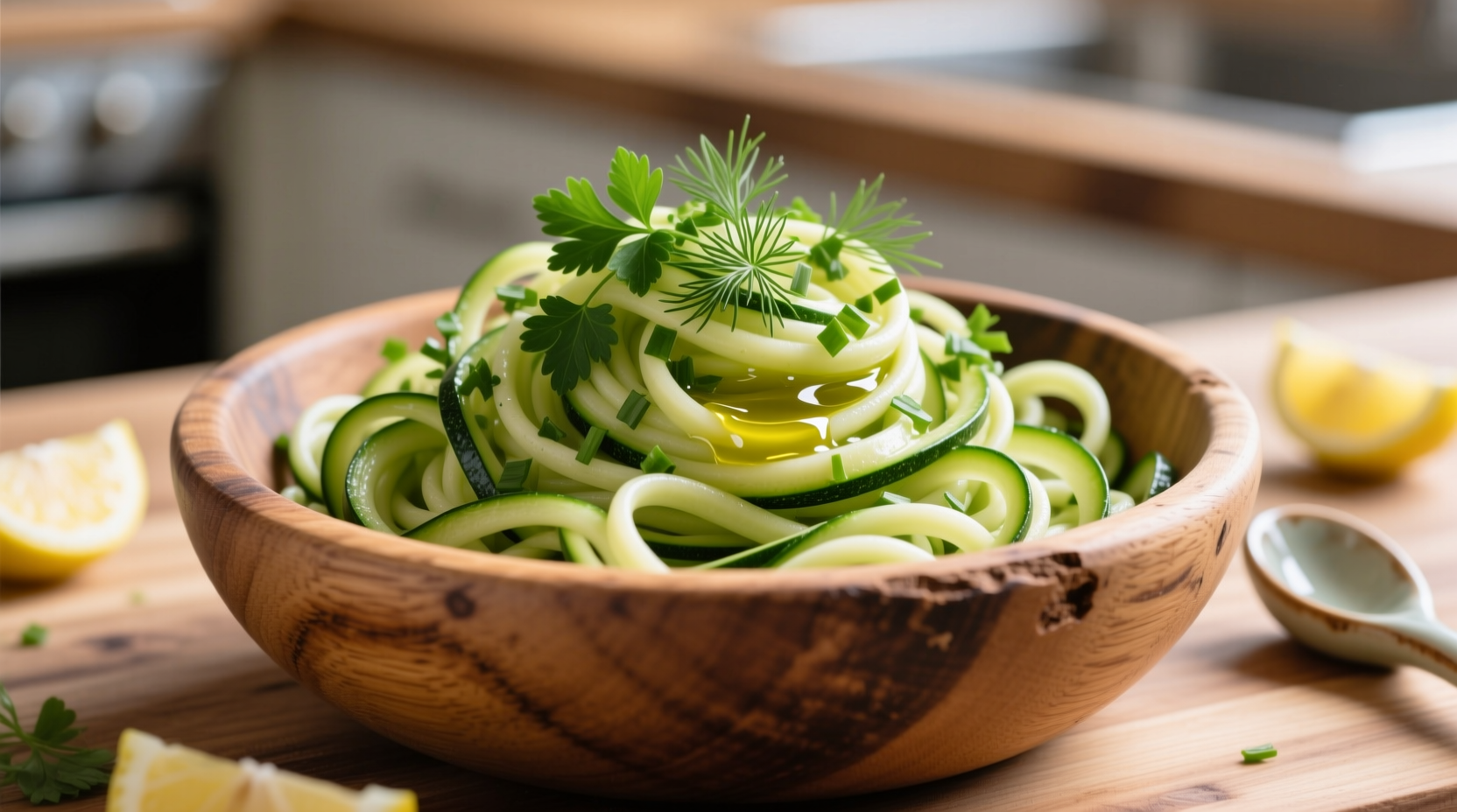 Fresh zucchini noodles in wooden bowl with herbs