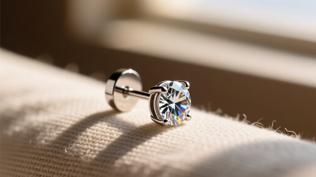 Macro shot of a titanium post earring with a flat back and bezel-set diamond, resting on soft linen cloth in warm natural light