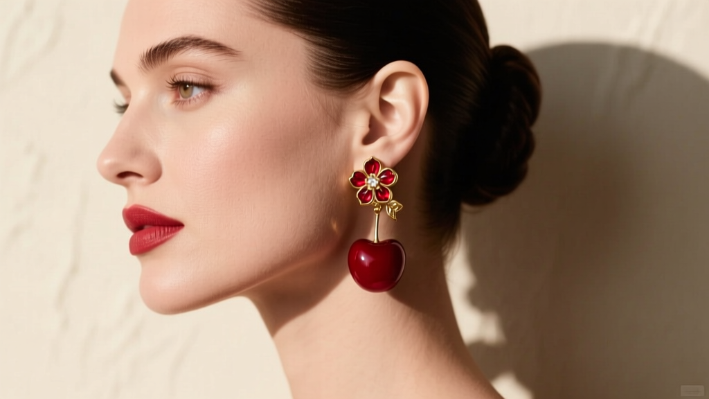 Profile portrait of a woman wearing medium-sized ruby and gold cherry drop earrings, her hair swept up to reveal a sleek jawline.