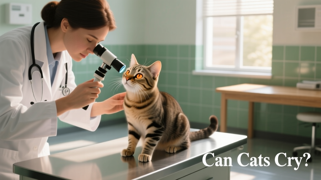 Veterinarian gently examining a cat's eye with an ophthalmoscope during a clinic visit