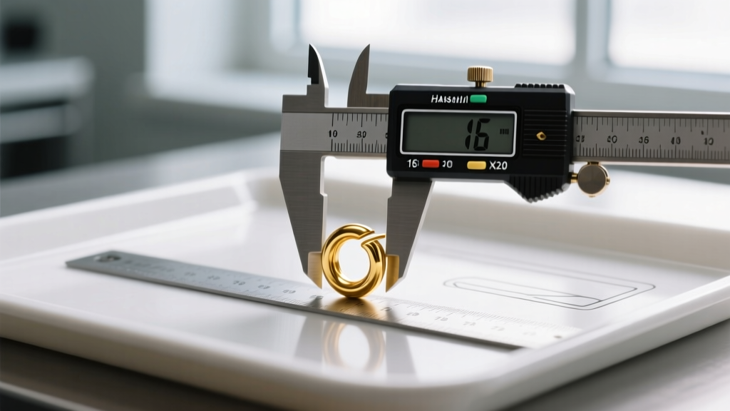Digital calipers measuring a 16-gauge gold helix earring post against a millimeter ruler on a sterile piercing studio tray