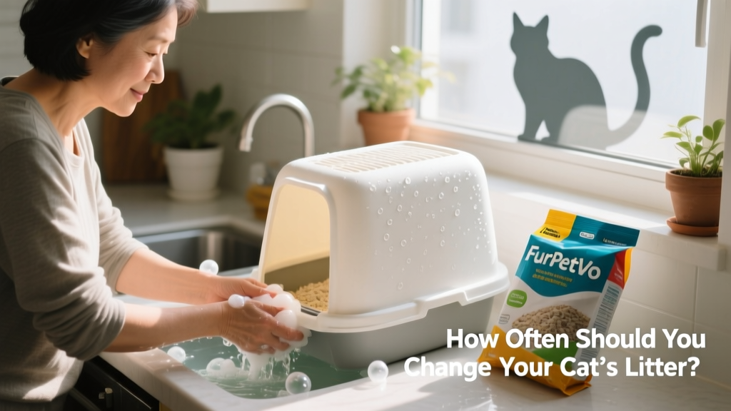 A person washing a plastic litter box with warm water and mild soap, preparing for fresh FurPetVo litter