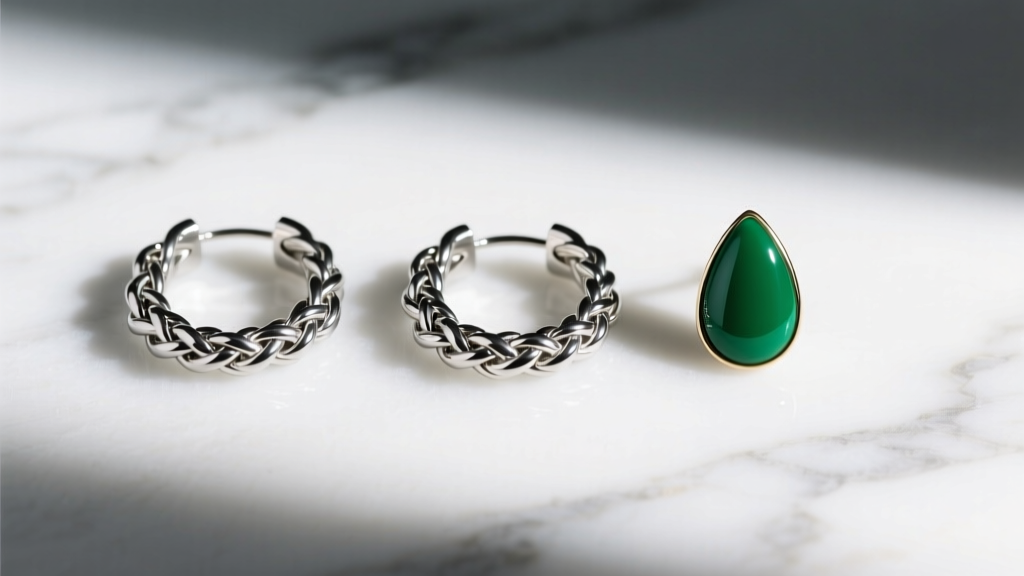 Flat lay of three Bottega Veneta earrings on white marble, featuring silver Intrecciato hoops and bright green enamel teardrops.